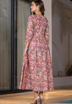 Printed Pure Cotton Aline Dress in Old Rose
