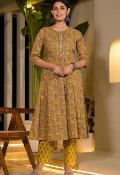 Printed Pure Cotton Aline Suit in Yellow