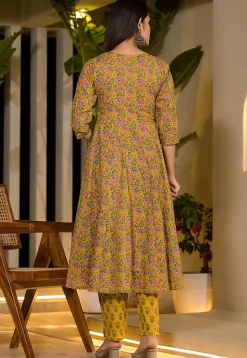 Printed Pure Cotton Aline Suit in Yellow
