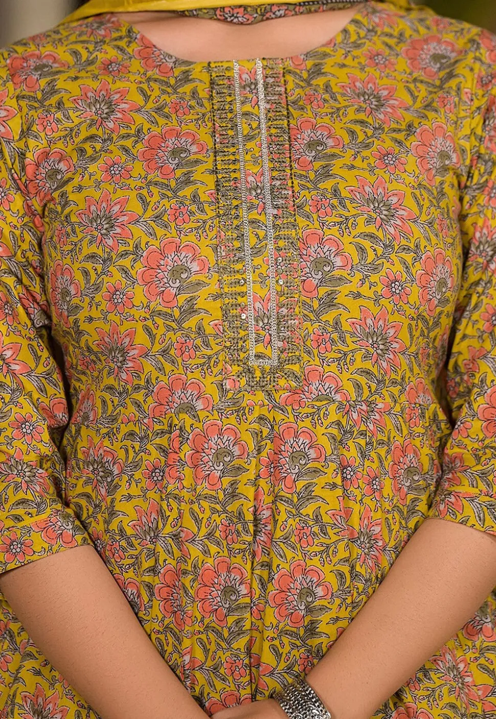 Printed Pure Cotton Aline Suit in Yellow
