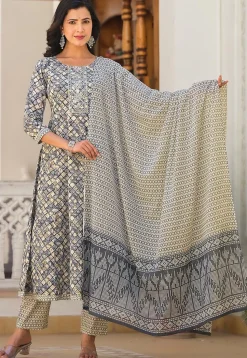 Printed Pure Cotton Aline Suit in Grey and Beige