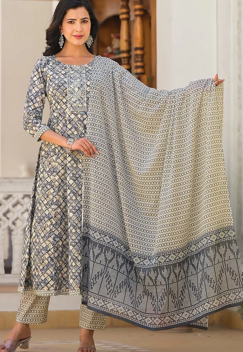 Printed Pure Cotton Aline Suit in Grey and Beige