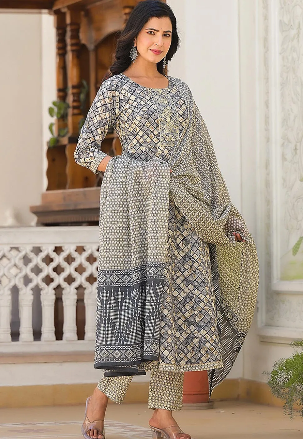 Printed Pure Cotton Aline Suit in Grey and Beige