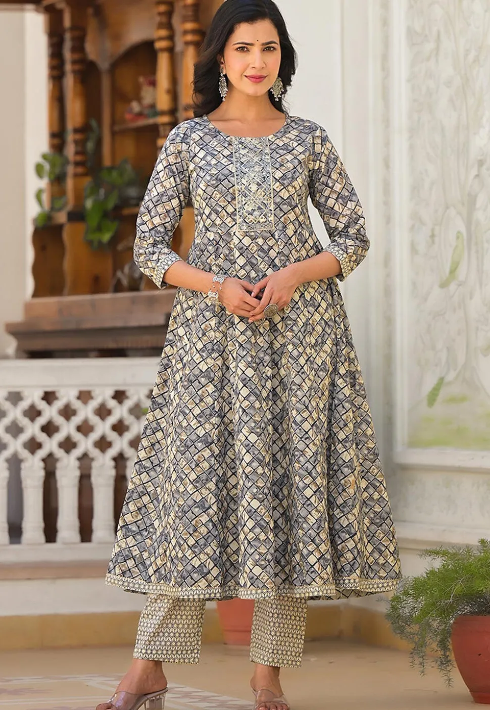 Printed Pure Cotton Aline Suit in Grey and Beige