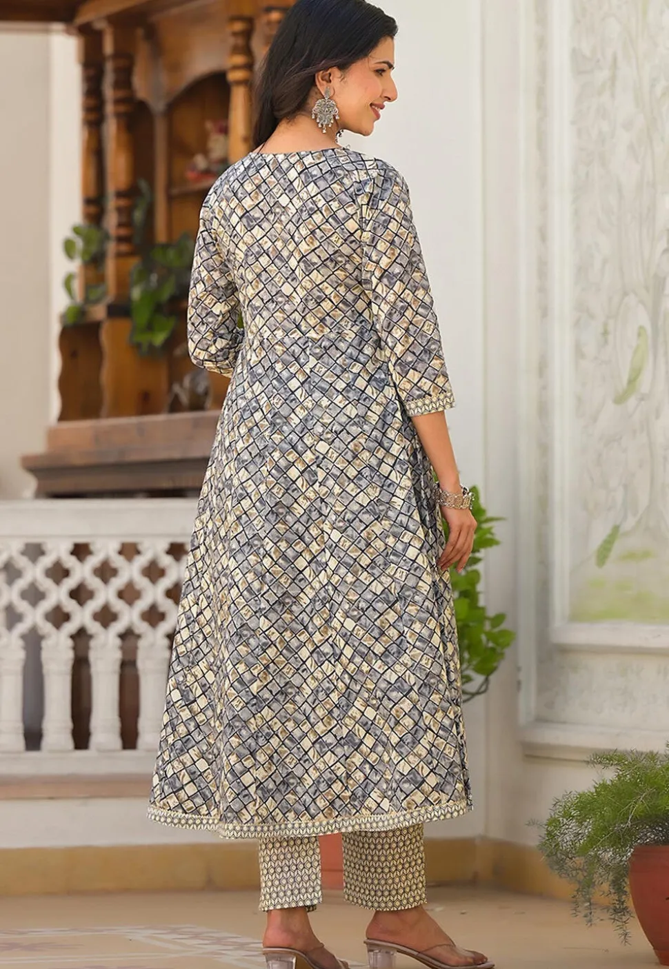 Printed Pure Cotton Aline Suit in Grey and Beige