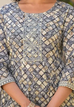 Printed Pure Cotton Aline Suit in Grey and Beige