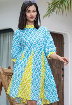 Printed Pure Cotton Aline Dress in Blue