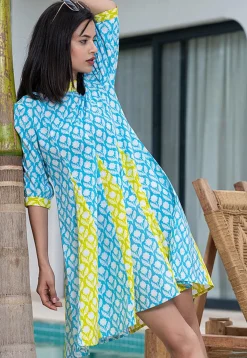 Printed Pure Cotton Aline Dress in Blue