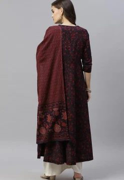 Printed Pure Cotton Aline Suit in Black