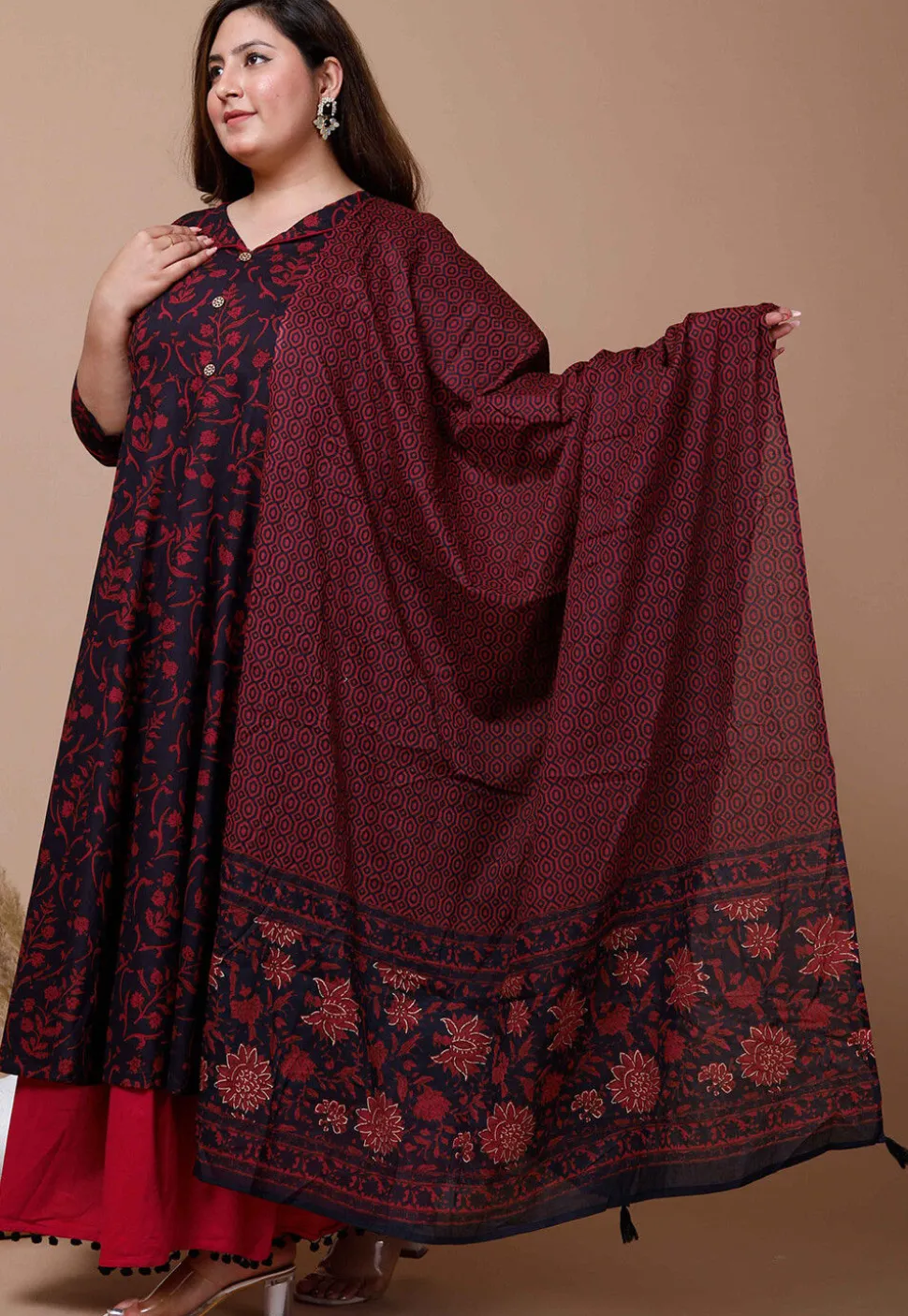 Printed Pure Cotton Aline Suit in Black