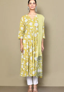 Printed Pure Cotton Aline Suit in Yellow