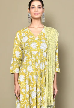 Printed Pure Cotton Aline Suit in Yellow