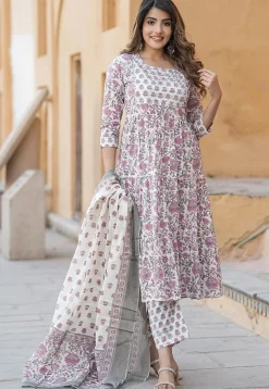 Printed Pure Cotton Aline Suit in White and Purple