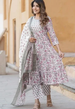 Printed Pure Cotton Aline Suit in White and Purple