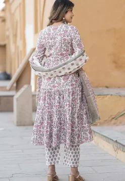 Printed Pure Cotton Aline Suit in White and Purple