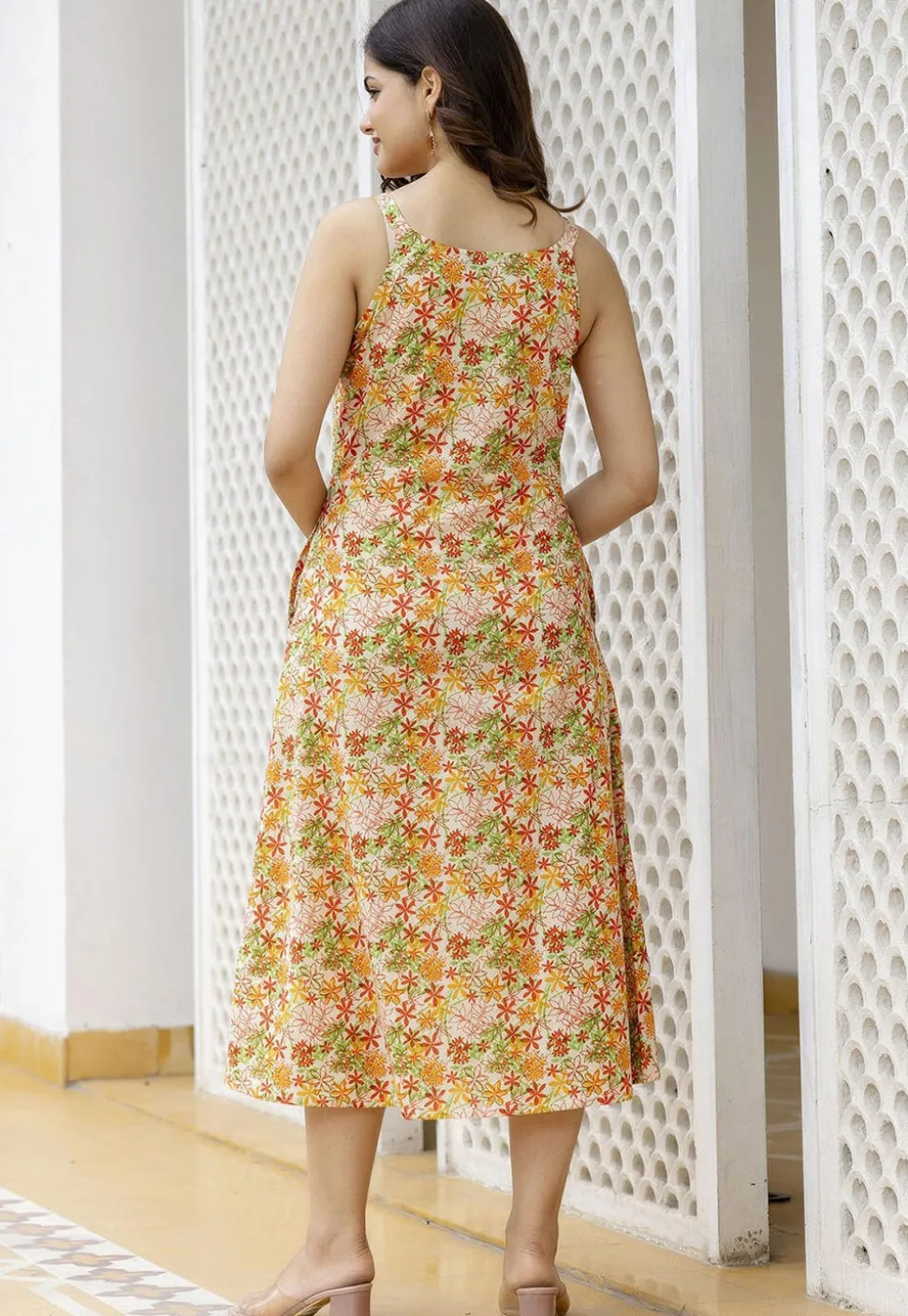 Printed Pure Cotton Aline Dress in Multicolor
