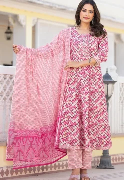 Printed Pure Cotton Aline Suit in Dark Pink and Cream