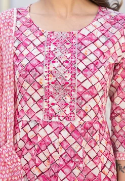 Printed Pure Cotton Aline Suit in Dark Pink and Cream