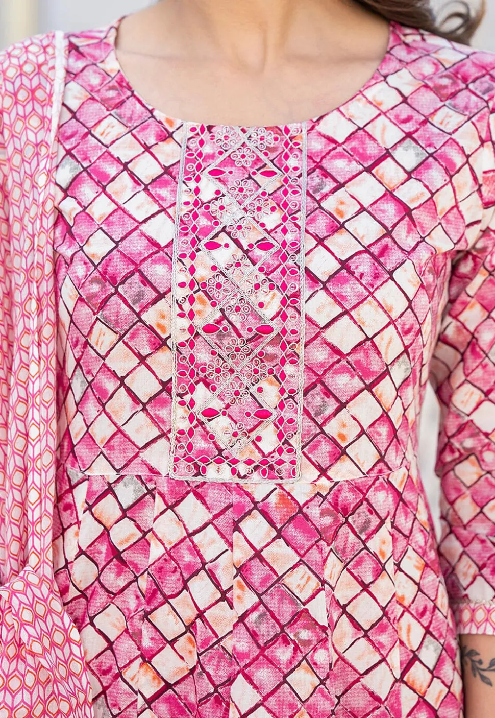 Printed Pure Cotton Aline Suit in Dark Pink and Cream