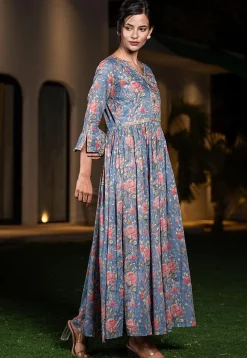 Printed Pure Cotton Aline Dress in Blue