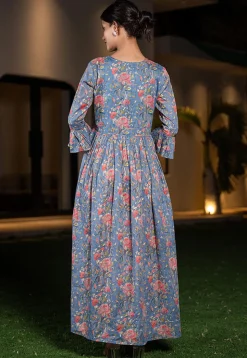 Printed Pure Cotton Aline Dress in Blue