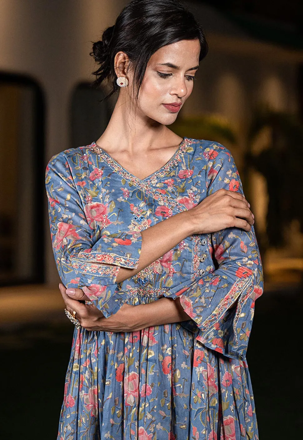 Printed Pure Cotton Aline Dress in Blue