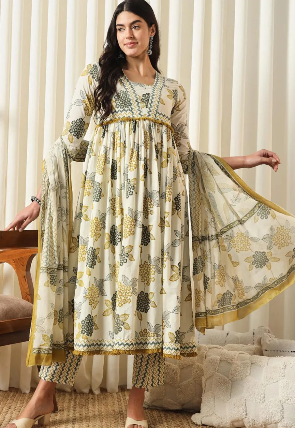 Printed Pure Cotton Aline Suit in Off White