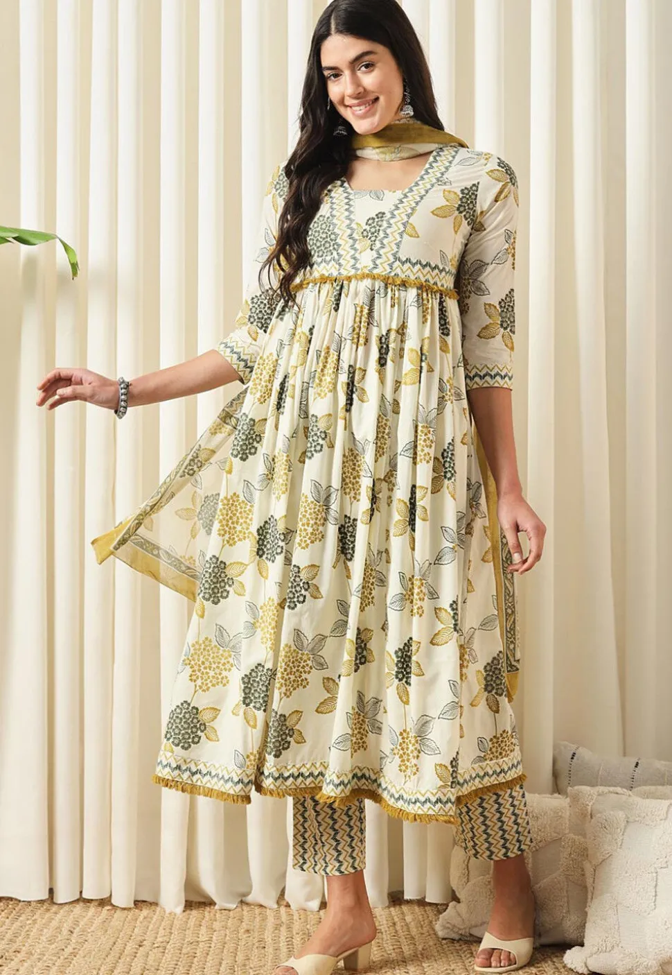 Printed Pure Cotton Aline Suit in Off White