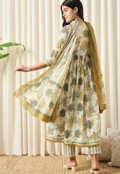 Printed Pure Cotton Aline Suit in Off White