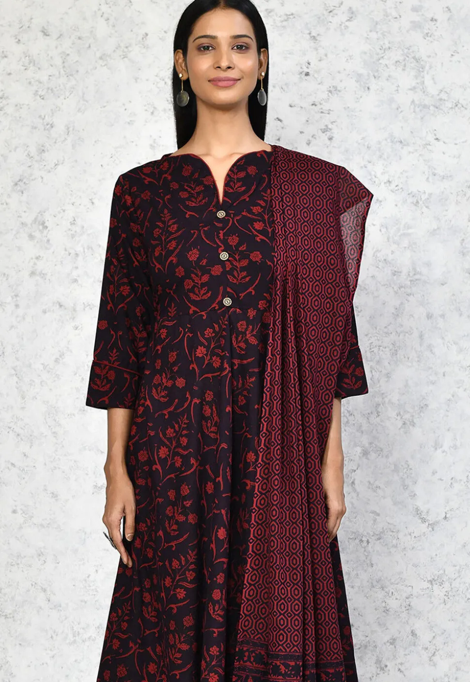 Printed Pure Cotton Aline Suit in Black