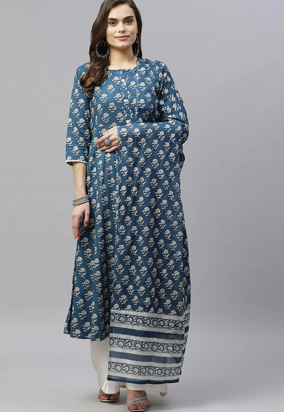 Printed Pure Cotton Aline Suit in Navy Blue