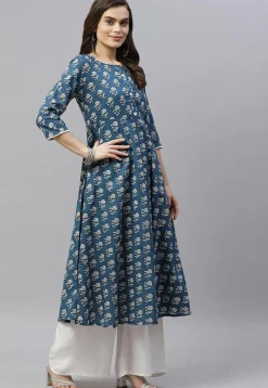 Printed Pure Cotton Aline Suit in Navy Blue
