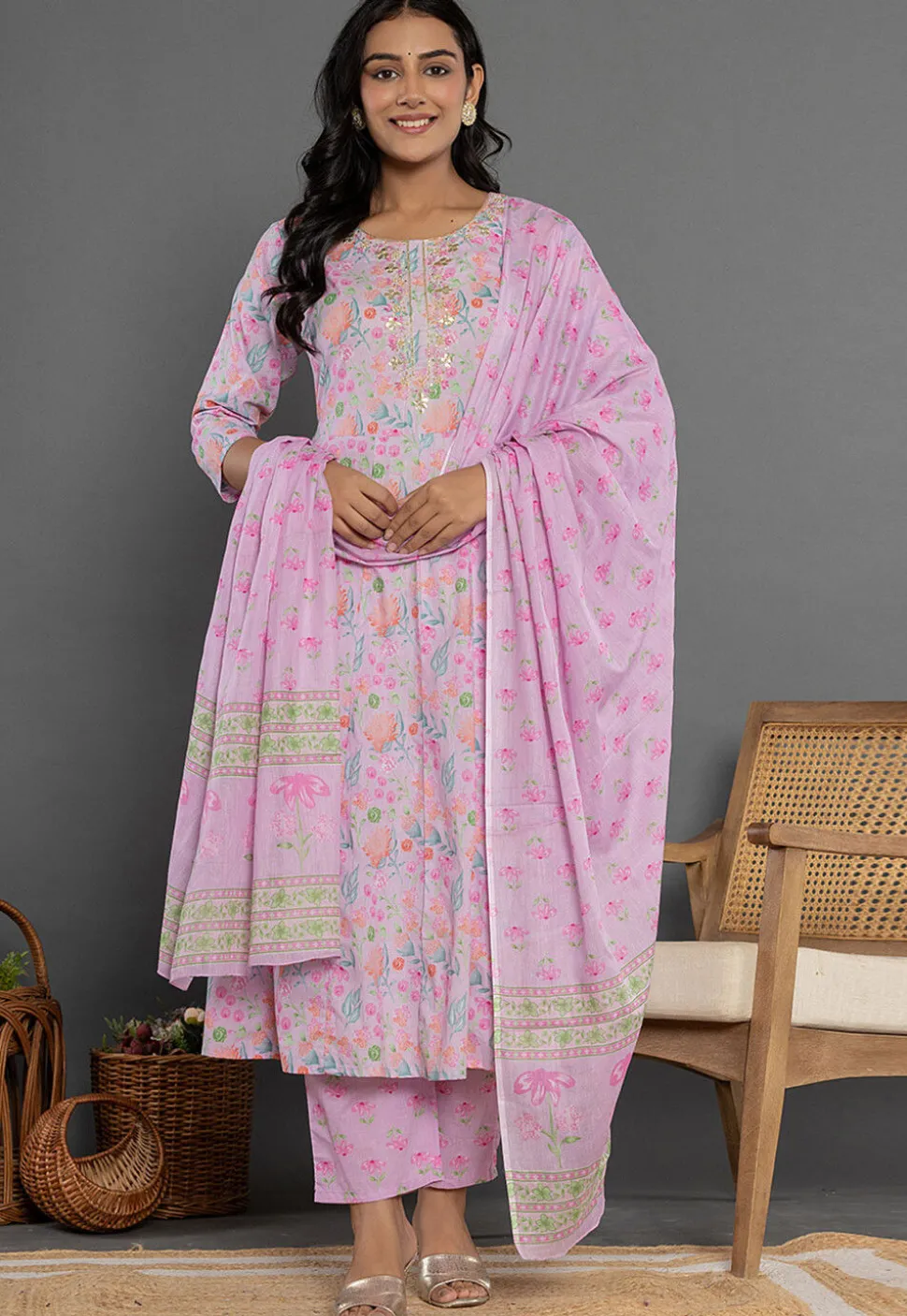 Printed Pure Cotton Aline Suit in Pinkish Purple