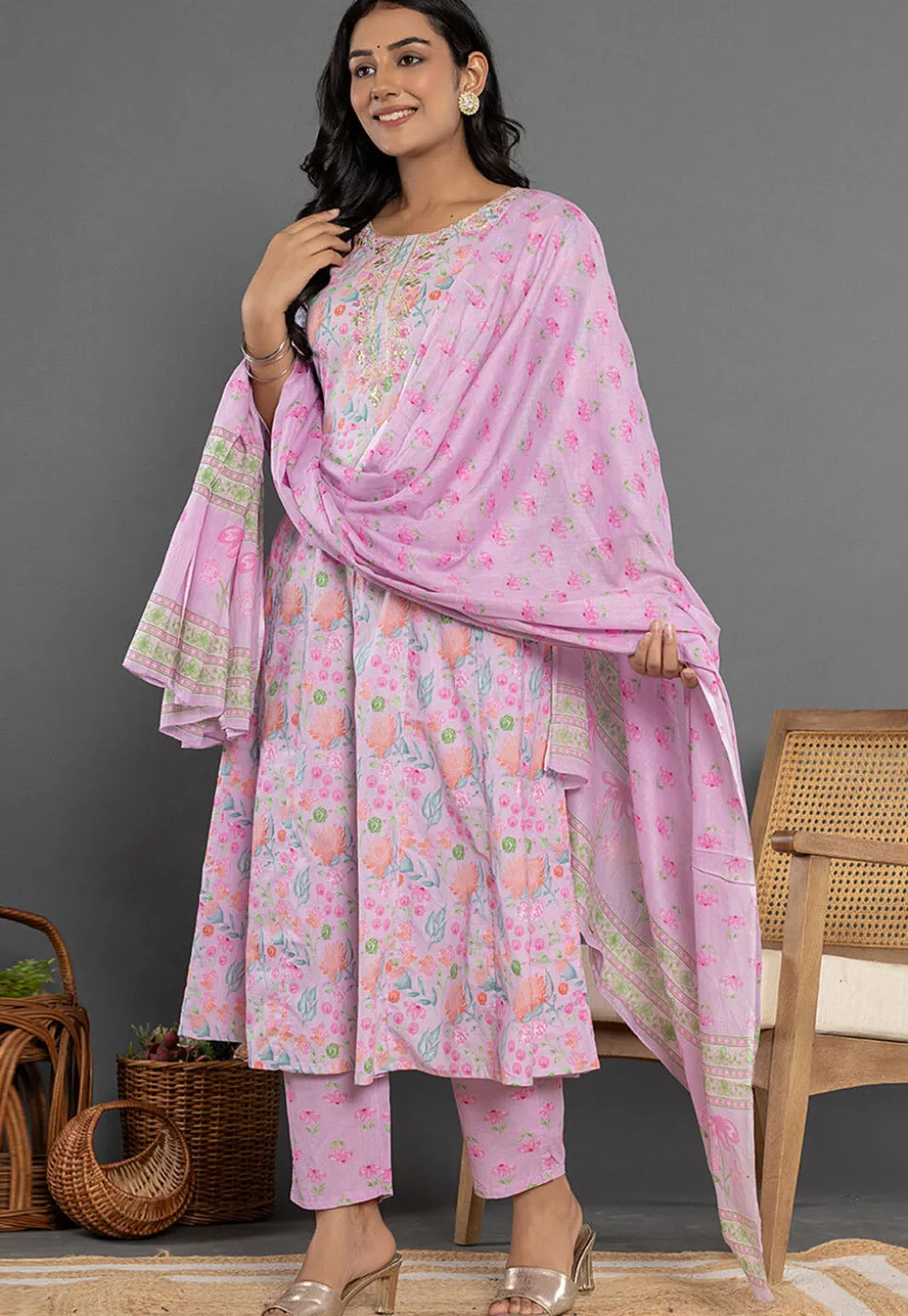 Printed Pure Cotton Aline Suit in Pinkish Purple