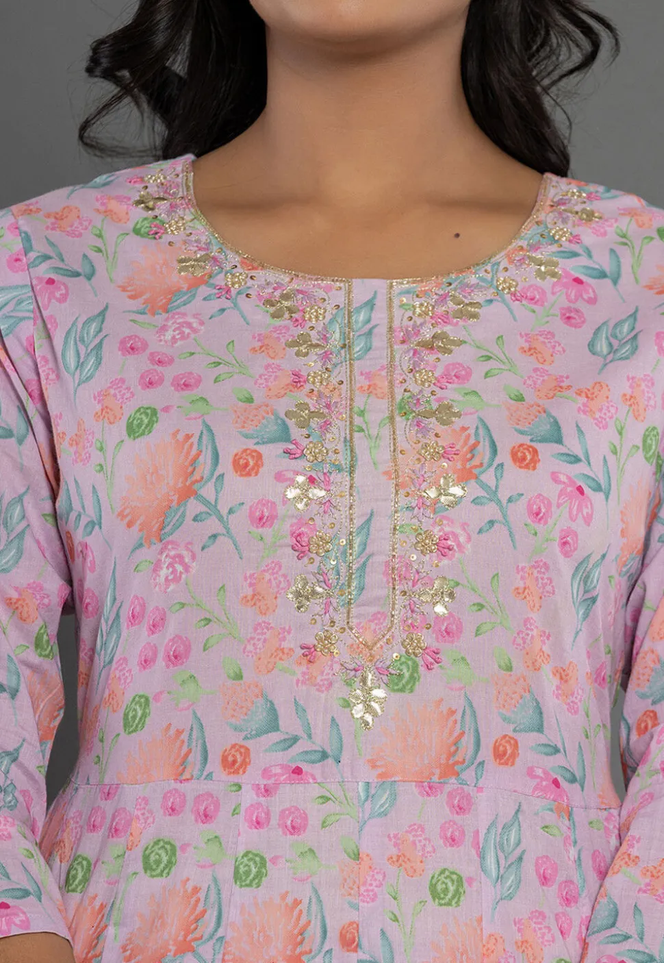 Printed Pure Cotton Aline Suit in Pinkish Purple