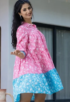 Printed Pure Cotton Aline Dress in Pink and Blue