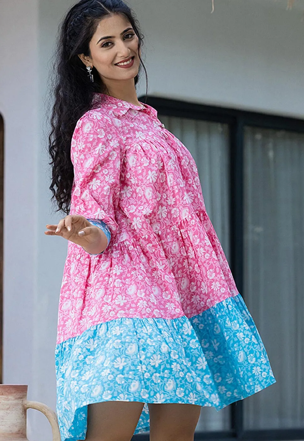Printed Pure Cotton Aline Dress in Pink and Blue