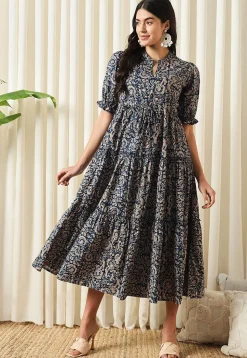 Printed Pure Cotton Aline Dress in Navy Blue