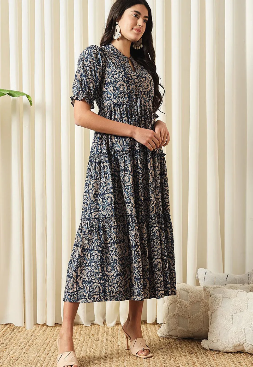 Printed Pure Cotton Aline Dress in Navy Blue