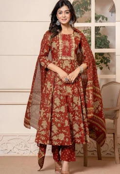 Printed Pure Cotton Aline Suit in Dark Orange