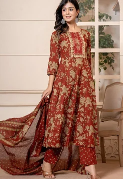 Printed Pure Cotton Aline Suit in Dark Orange