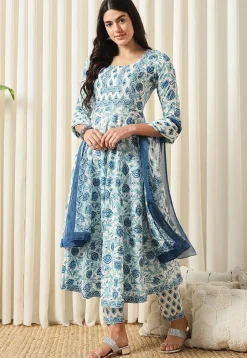 Printed Pure Cotton Aline Suit in White and Blue
