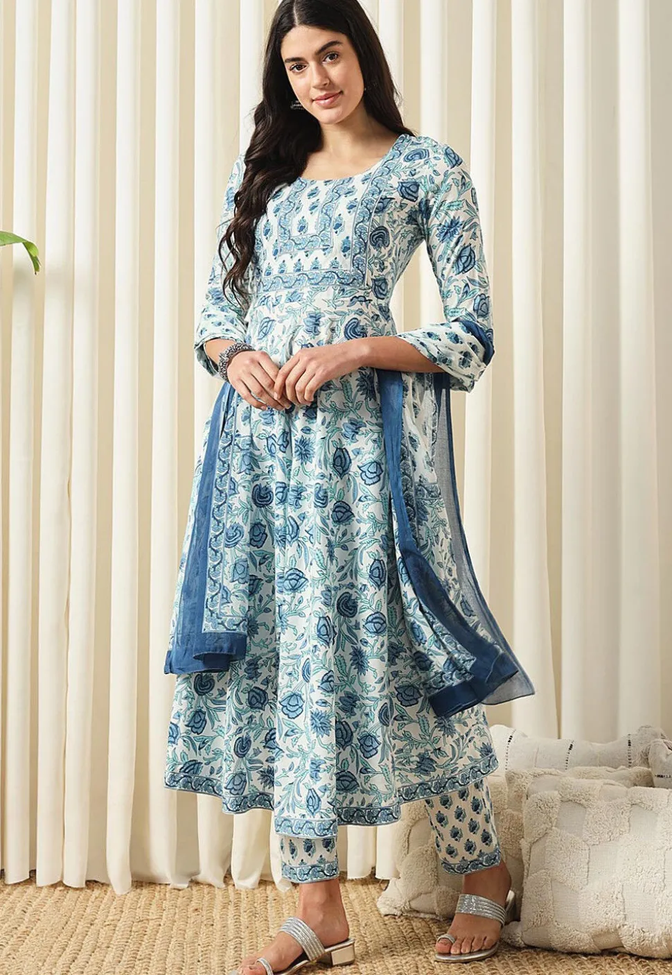 Printed Pure Cotton Aline Suit in White and Blue