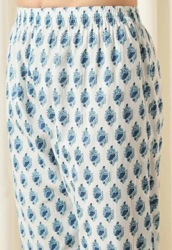 Printed Pure Cotton Aline Suit in White and Blue