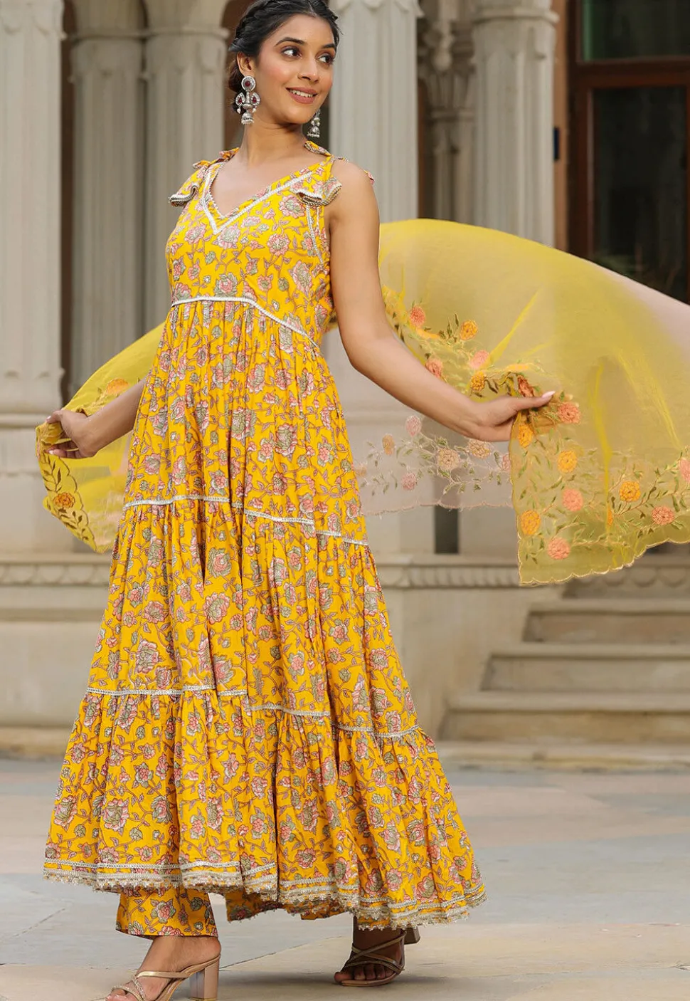 Printed Pure Cotton Aline Suit in Yellow