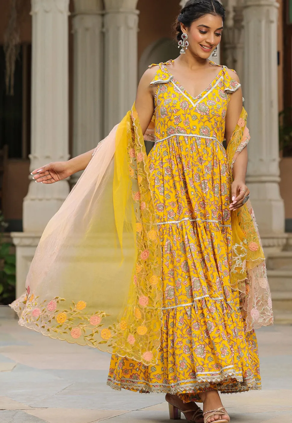 Printed Pure Cotton Aline Suit in Yellow
