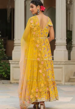 Printed Pure Cotton Aline Suit in Yellow
