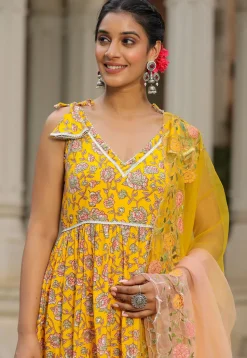 Printed Pure Cotton Aline Suit in Yellow