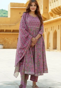 Printed Pure Cotton Aline Suit in Purple