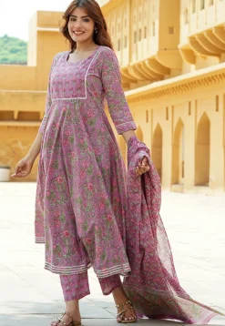 Printed Pure Cotton Aline Suit in Purple